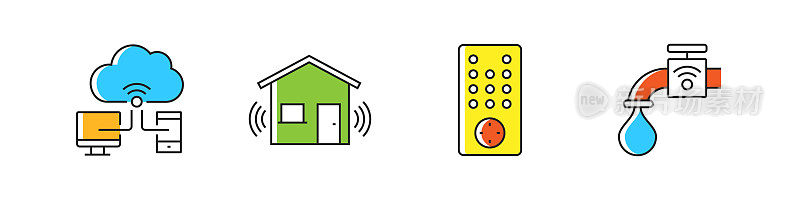 智能家居相关的矢量线图标。大纲符号集合。