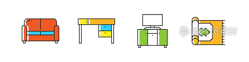 家具相关的矢量线图标。大纲符号集合。