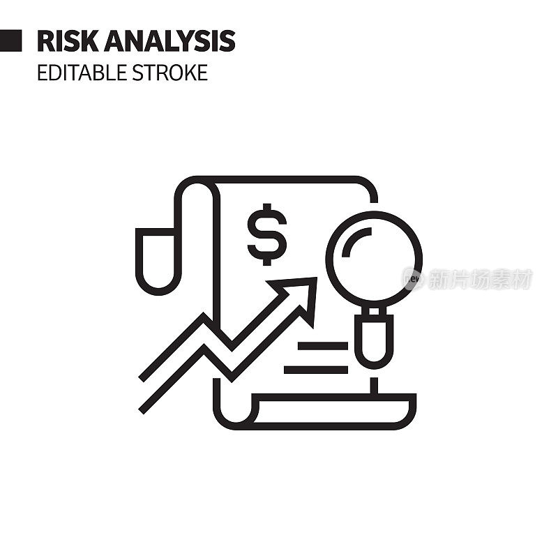 风险分析线图标，轮廓向量符号插图。完美像素，可编辑的描边。