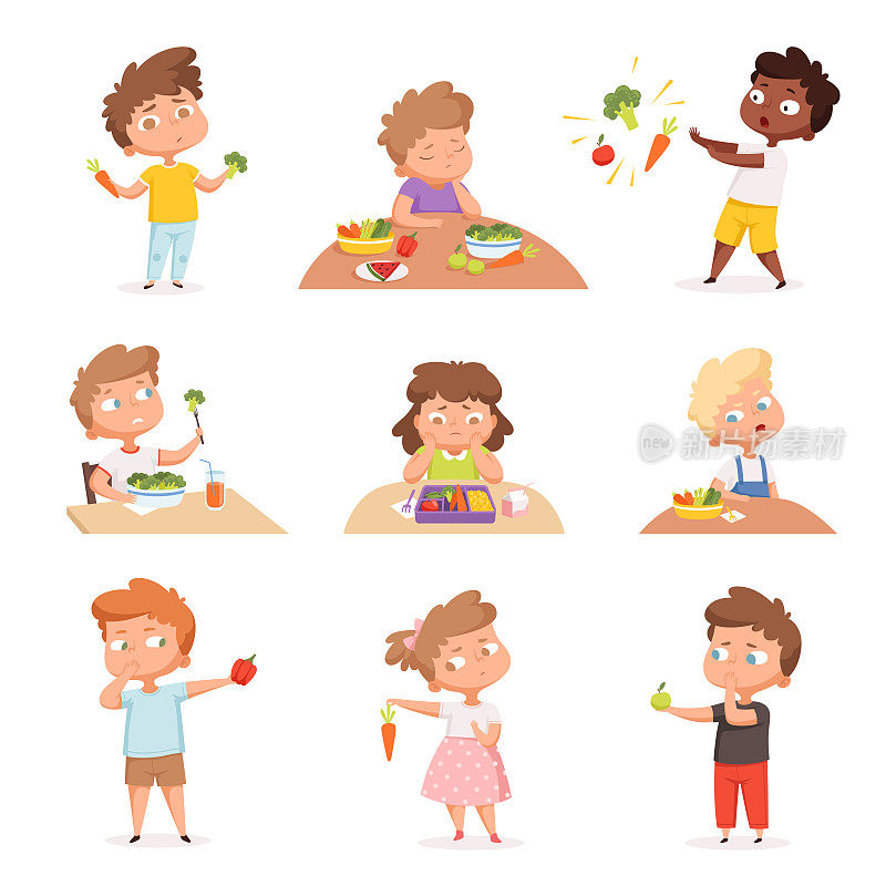 孩子和蔬菜。小饥饿的孩子吃快餐不喜欢水果和健康的产品向量卡通人物