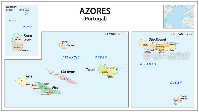 葡萄牙群岛亚速尔群岛在大西洋，葡萄牙的行政矢量地图