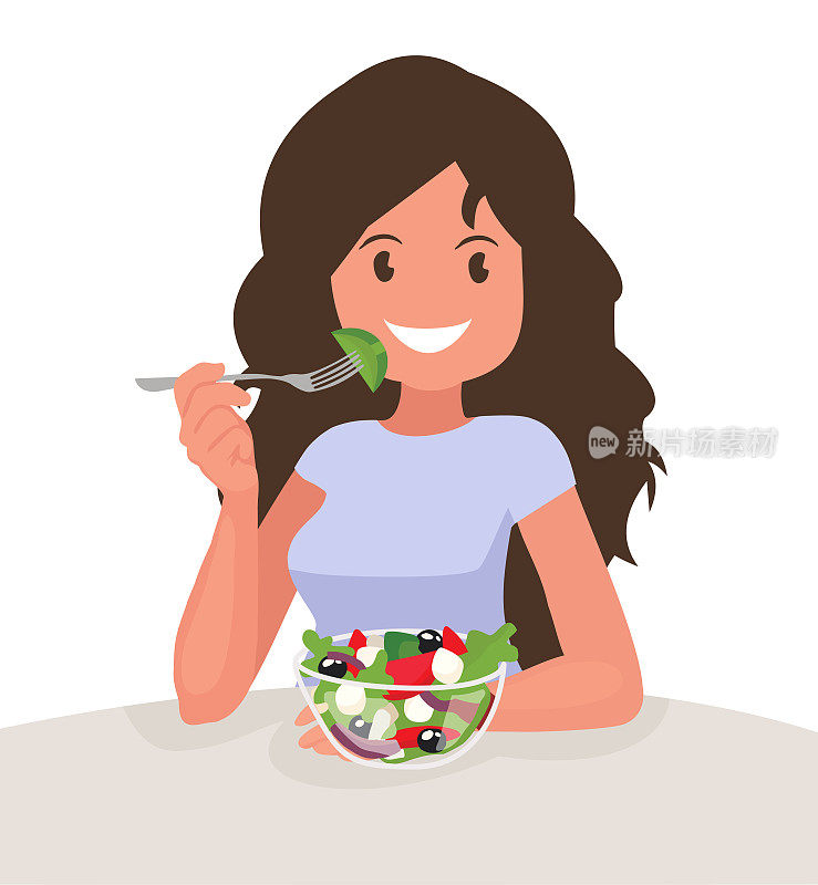 快乐的女人正在吃沙拉。素食者。正确的营养和健康的生活方式。