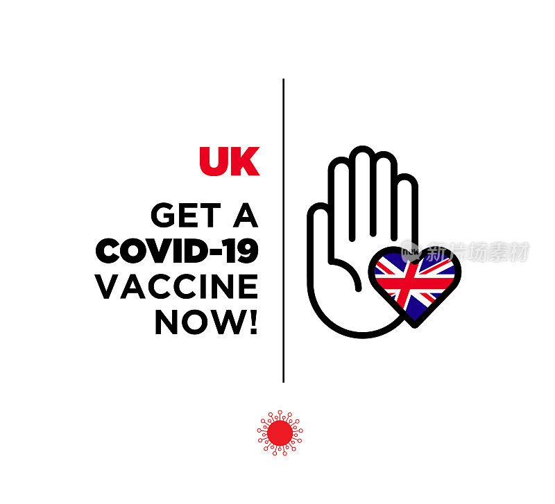 英国的概念。全球抗疫斗争。冠状病毒疫苗或Covid-19疫苗。抗击新型冠状病毒肺炎，警示标志新型冠状病毒库存插图