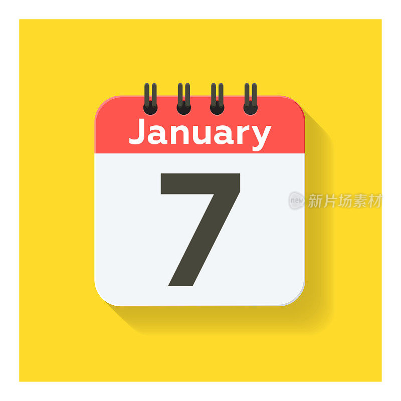 1月7日-日日历图标在平面设计风格。黄色背景。