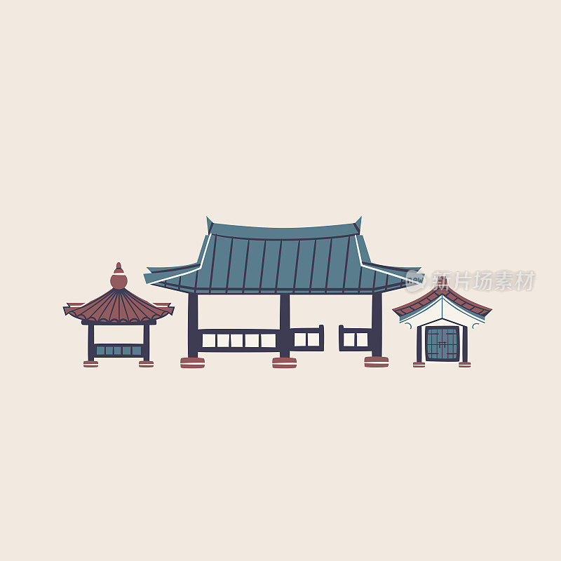 韩屋亚洲建筑孤立矢量插图。传统韩国建筑设计元素。