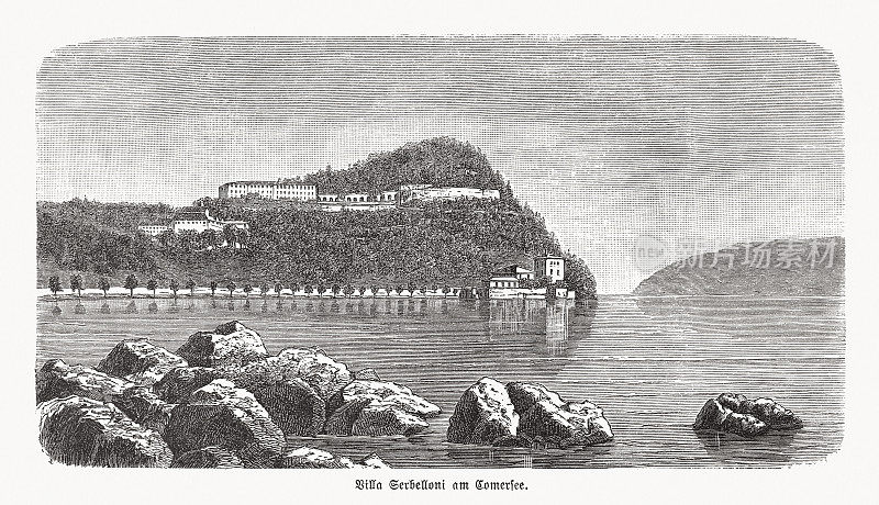 意大利伦巴第科莫湖的塞尔贝洛尼别墅木版，1893年出版
