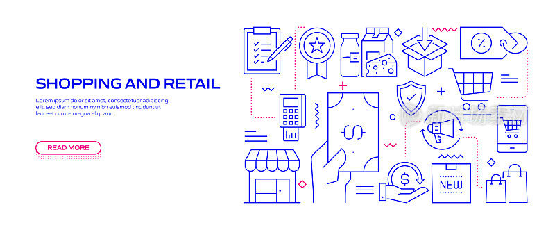 购物和零售相关的现代线条风格矢量插图