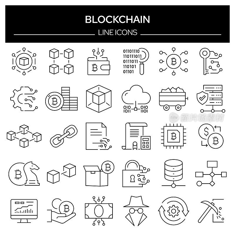 区块链相关行图标的设置。轮廓符号集合，可编辑的描边