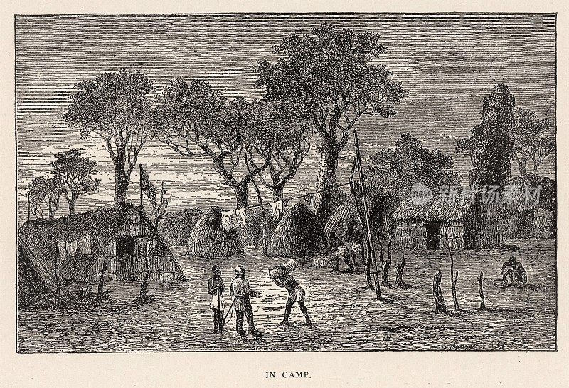 19世纪非洲黄昏中的非洲村庄