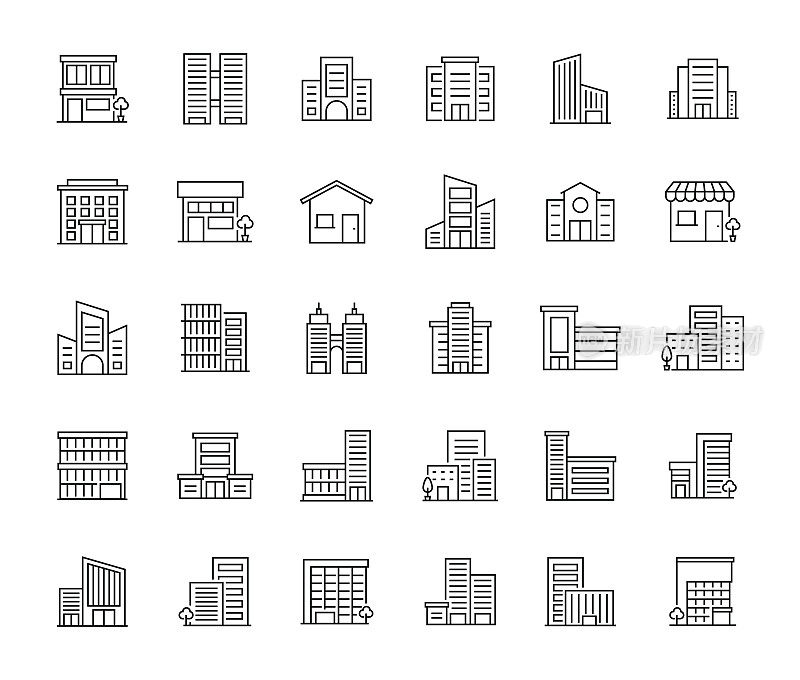 简单的建筑物线图标集。采购产品公寓，摩天大楼，建筑，建筑业，房地产。