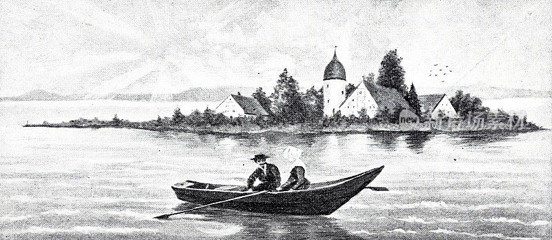 一对夫妇在一个田园诗般的小岛前的船上