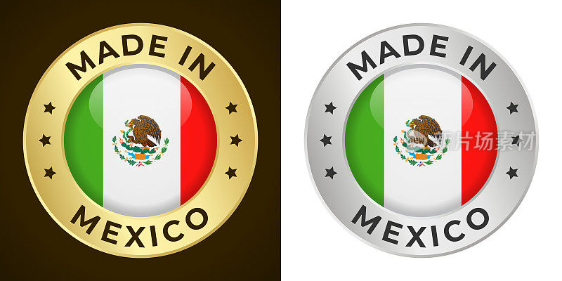 墨西哥制造-矢量图形。圆形金色和银色标签徽章徽章设置墨西哥国旗和文字在墨西哥制造。孤立的白色和黑色背景