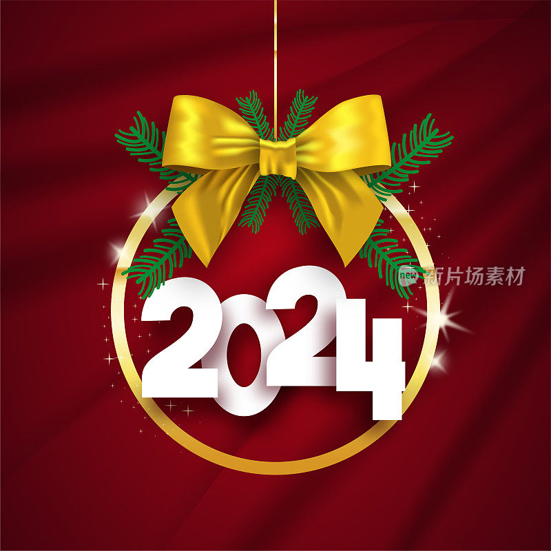 圣诞球有金色的蝴蝶结和白色的2024字母