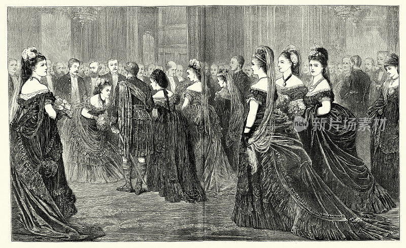 人们在白金汉宫的会客厅里被介绍给皇室成员，维多利亚时代，1872年，19世纪