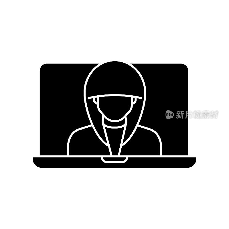 电脑黑客坚实的图标设计在一个白色的背景。这个黑色的平面图标适用于信息图表、网页、移动应用程序、UI、UX和GUI设计。