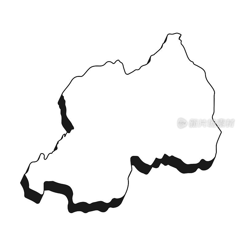 卢旺达地图与黑色轮廓和阴影在白色背景