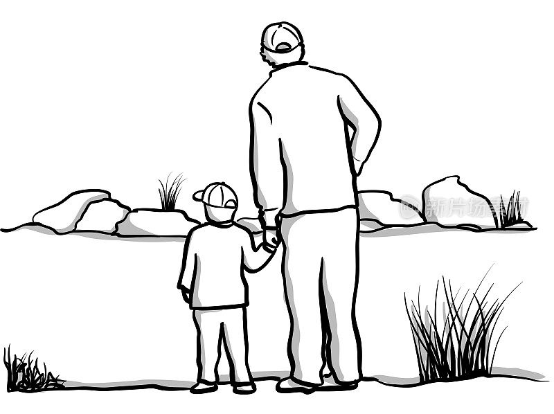 我的父亲和我的儿子在池塘素描