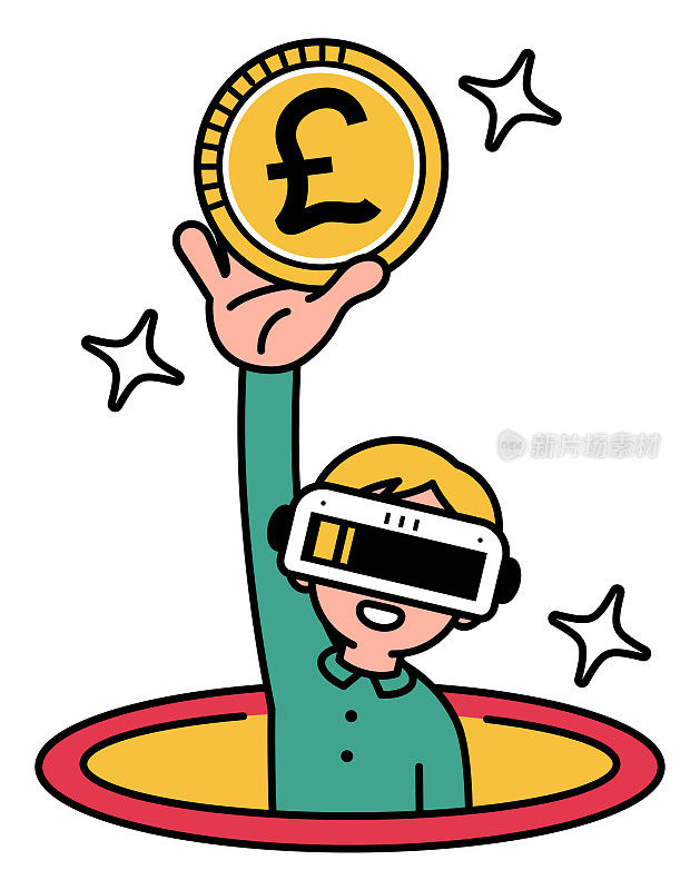 一个戴着虚拟现实耳机或虚拟现实眼镜的男孩从虚拟的洞里跳出来，进入虚拟世界，向人们展示金钱
