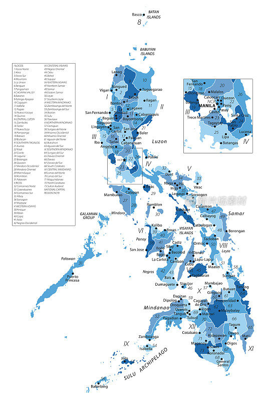 菲律宾的地图。菲律宾矢量彩色地图
