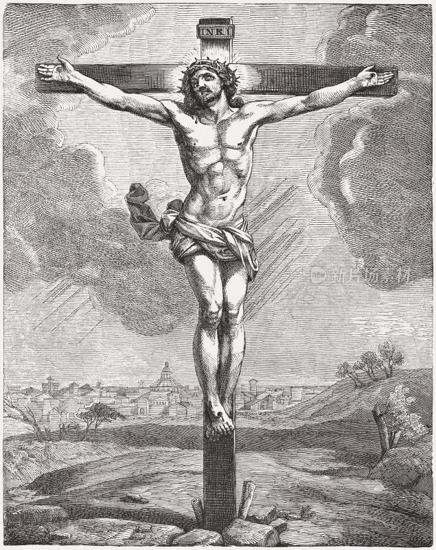被钉十字架的耶稣，木刻，大约1880年出版