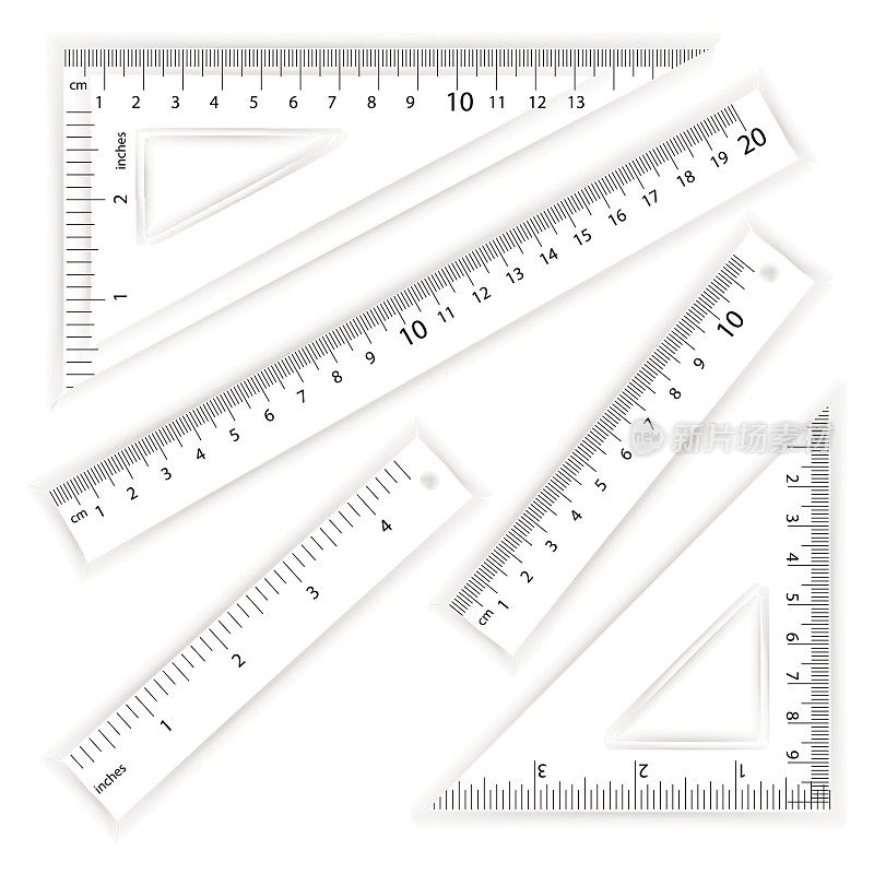 尺和三角形向量。厘米和英寸。简单的学校测量工具设备插图孤立在白色背景。几种仪器变体，比例缩放