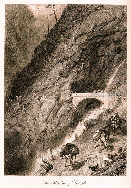 瑞士冈多桥(古钢版画)