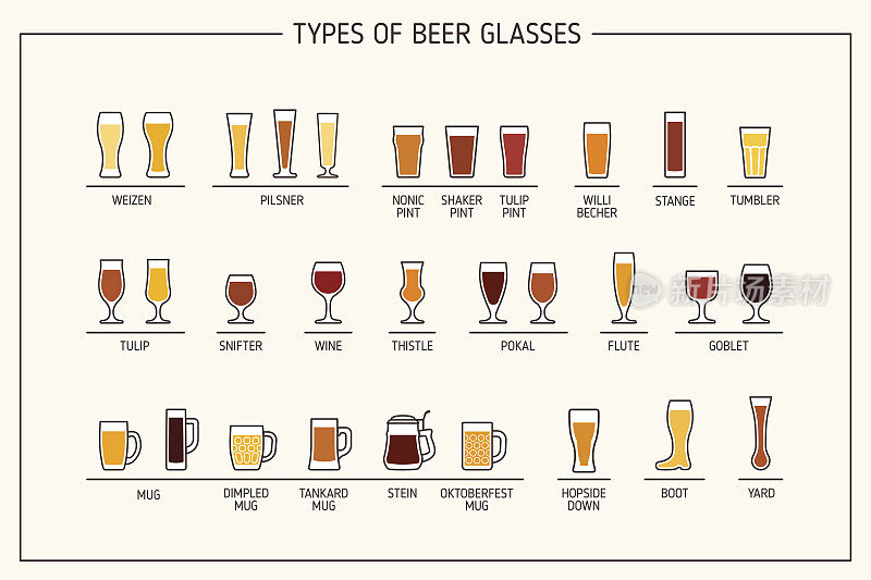 啤酒玻璃类型。有名字的啤酒杯和马克杯。