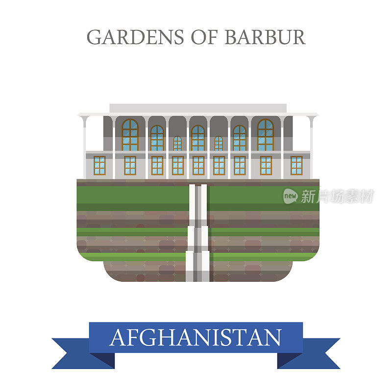 阿富汗巴布尔花园。平面卡通风格的历史景点展示景点网站矢量插图。世界各国城市度假旅游观光亚洲阿富汗收藏。