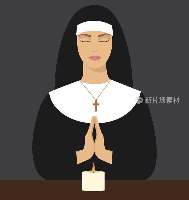 年轻的修女，紧闭双眼，合十双手祈祷