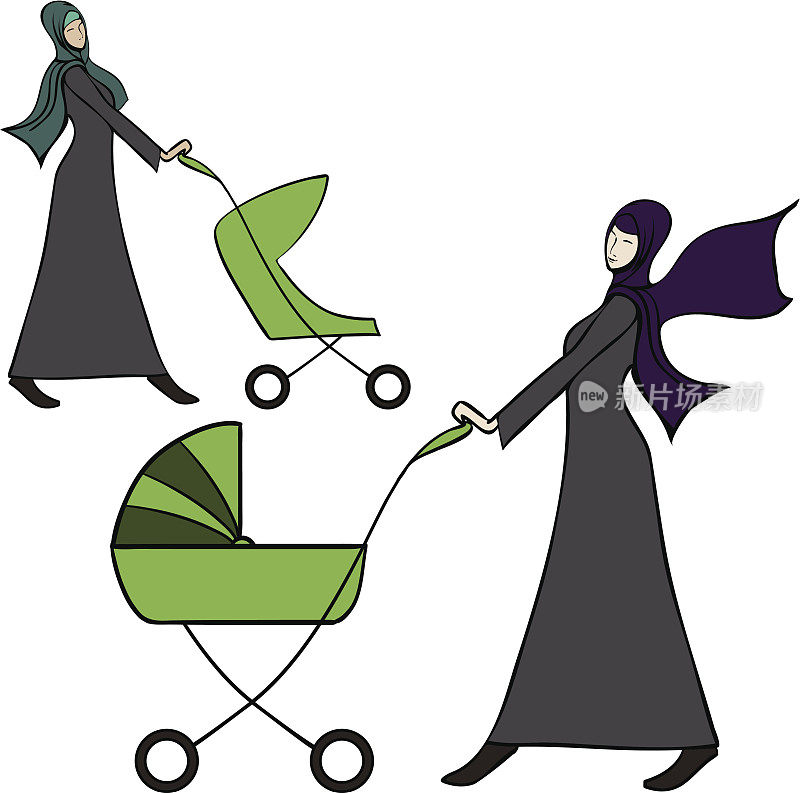 穿着阿拉伯长袍的妇女推着婴儿车
