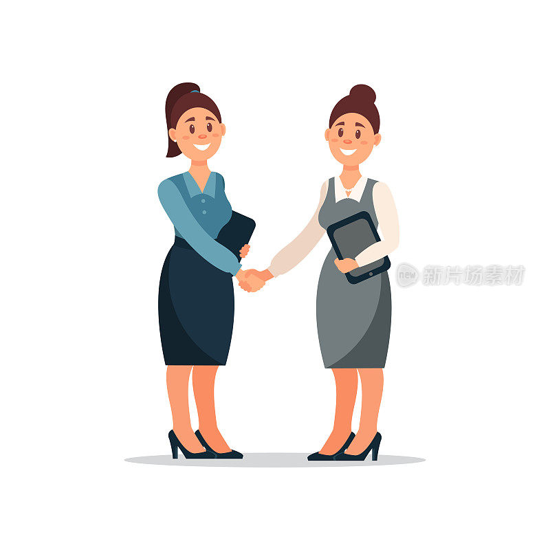 商界人士合作协议，两位商界女性握手，富有成效的合作关系卡通矢量插图