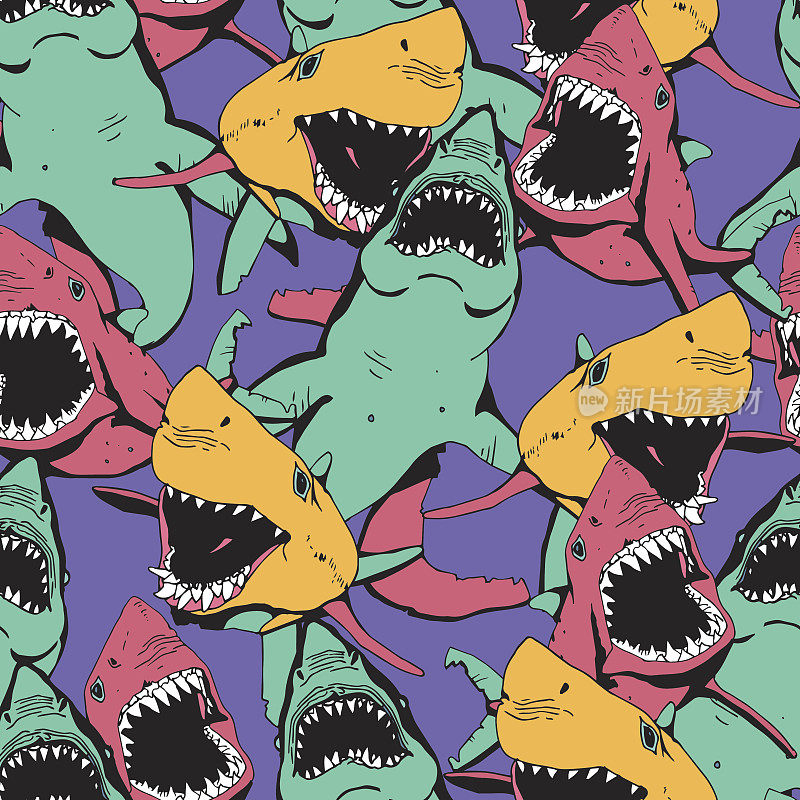 愤怒的鲨鱼拼贴。手绘海洋生活模式。动物和野生动物插图。