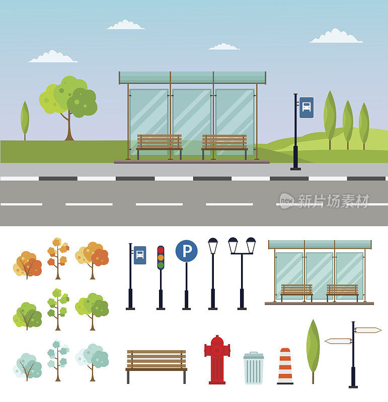 公交车站城市景观平面矢量插图背景设置