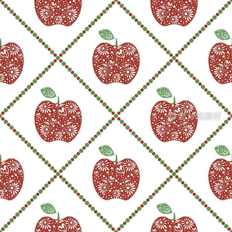 无缝矢量图案，鲜亮的果实对称背景，点缀着红色的观赏苹果和菱形，在白色的背景上。果蔬无缝图案系列。