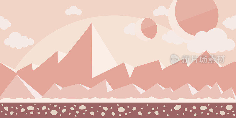 无缝无尽的游戏或动画背景。火星表面或岩石沙漠，以山脉为背景。矢量图，视差准备好了。