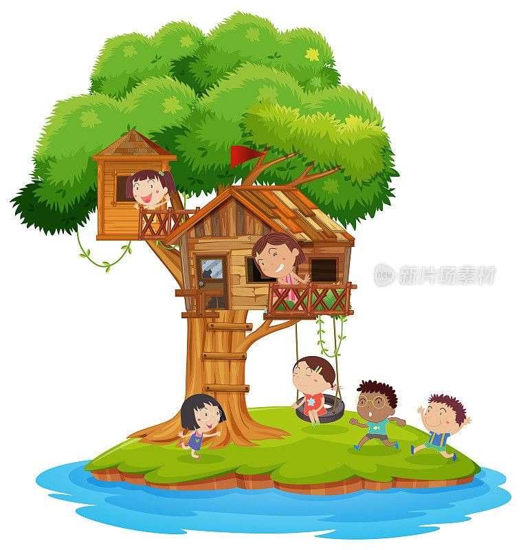 快乐的孩子们在岛上的树屋里玩耍