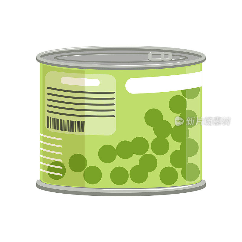 金属罐装青豆，有标签和拉环。罐头食品的概念。用于促销横幅或海报的独立平面矢量元素