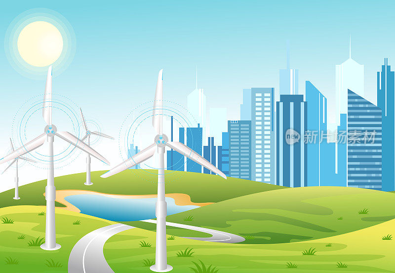 风力发电厂。风力涡轮机。绿色能源产业理念。矢量插图在平面卡通风格的风力发电站与城市城市背景。可再生能源。