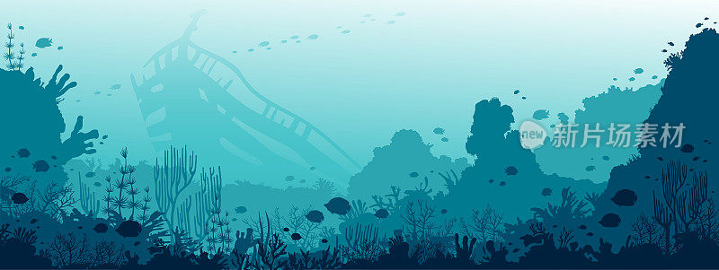 水下沉船，珊瑚礁，鱼类和海洋。