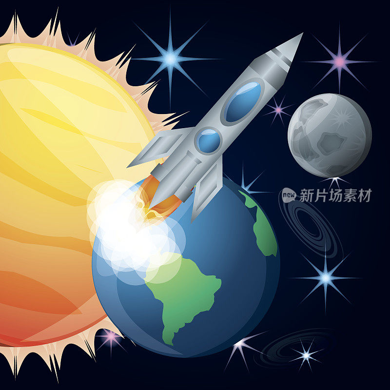 太阳和地球，月球和火箭
