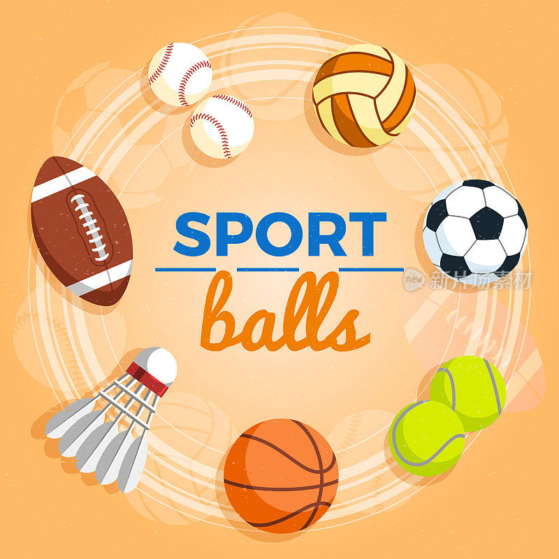 以黄色为背景的一组彩色运动球。橄榄球，排球，篮球，足球，棒球，网球和羽毛球。矢量插图。