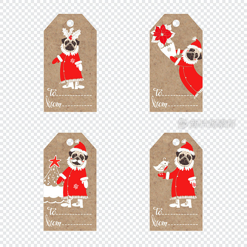 收集牛皮纸标签与哈巴狗在圣诞老人套装。