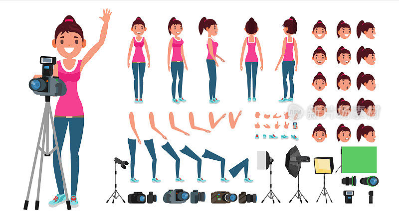 摄影师女性向量。动画女人创造集。全长，前，侧，后视图。独立平面卡通插图