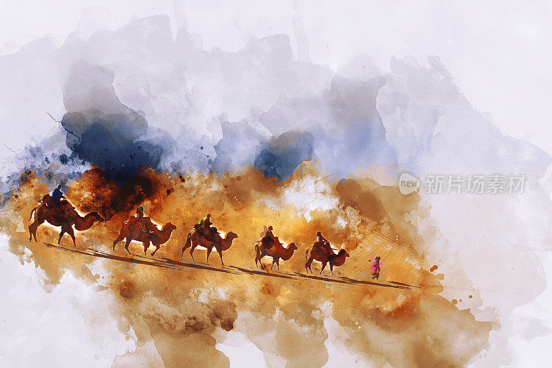 骆驼商队穿过戈壁沙漠的沙丘，中国