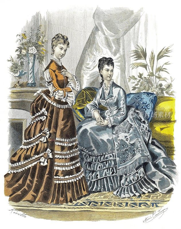 棕色罗缎连衣裙-塔夫绸连衣裙，深灰色。优雅时尚1874