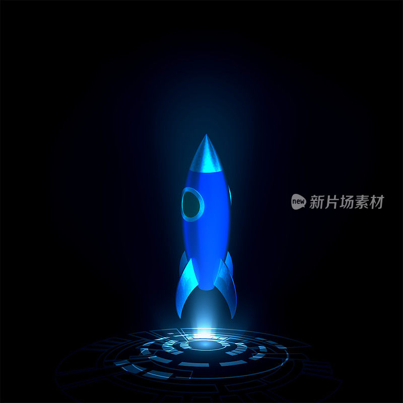 照明火箭符号与蓝色光线从技术hud模式