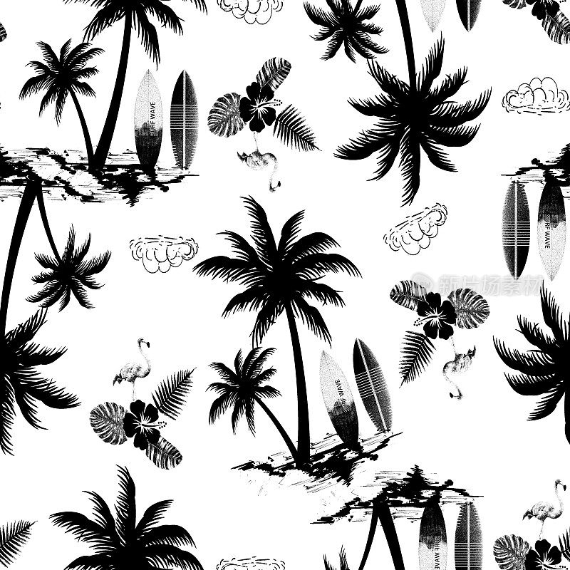 棕榈树岛与火烈鸟和热带花卉无缝图案设计