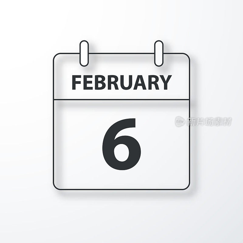 2月6日-每日日历-黑色轮廓与阴影在白色的背景