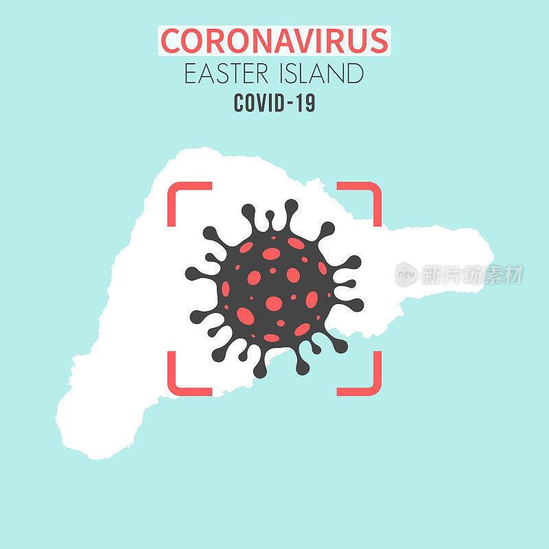 复活节岛地图，红色取景器中有冠状病毒细胞(COVID-19)