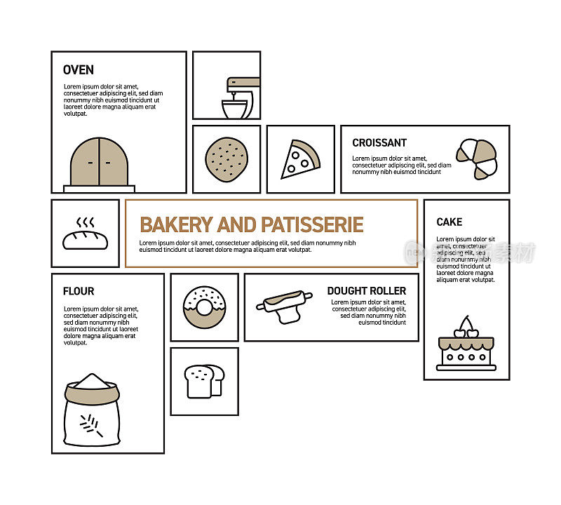 面包房和糕点相关矢量线信息图设计